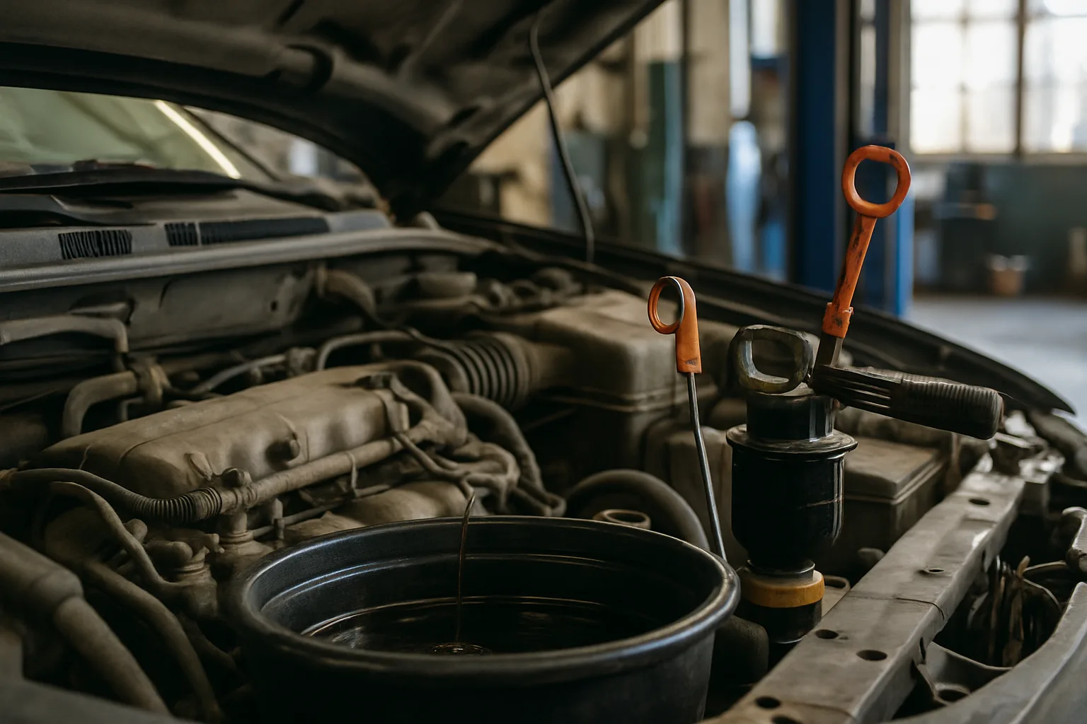 Engine bay during oil maintenance service